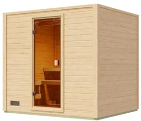 Karibu Gartensauna 230,8x189,9x219,5cm│Garten Sauna aus Fichte 38mm│mit bronzierter Glastür & 2 Liegen│Fronteinstieg│Massivholz│9kW Bio-Kombiofen mit EXT. Steuerung│für 2–4 Personen + Boden