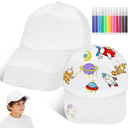 NUOBESTY 12 Pcs Blank Kids Baseball Cap, White Plain Cotton Hats with Pen, DIY Football Fan Soccer Match Support, Art Crafts, Adjustable Bulk Sun Caps for Boys Girls School Party Bag Fillers
