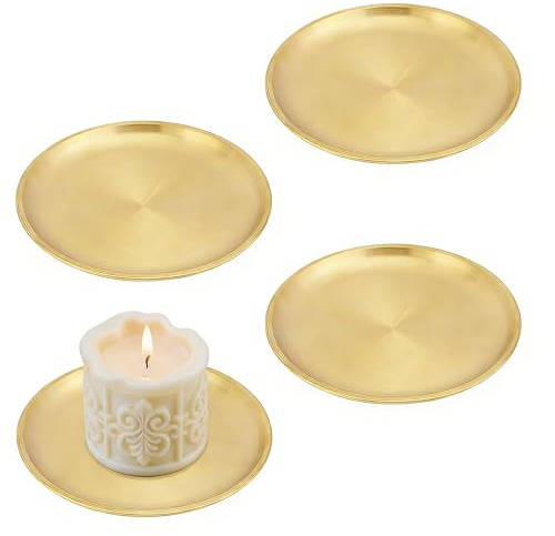 4-Piece Set of Gold-Colored Candle Plates, 5.6-Inch Stainless Steel Trays | Flat Round Bases for Pillar, Jar and Tealight Candles, Table Decor and Wedding Centrepieces