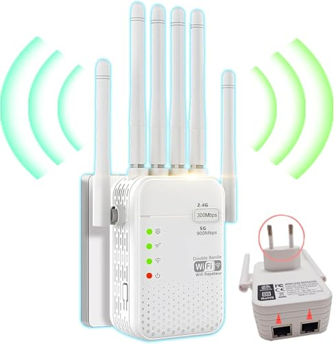 WiFi Amplifier Repetidor, Amplificador con 6 Antenas, Doble Banda 2402Mbps 5GHz + 574Mbps 2.4GHz, Cobertura 360°,EasyMesh, Compatible con Todos los routers Wi-Fi