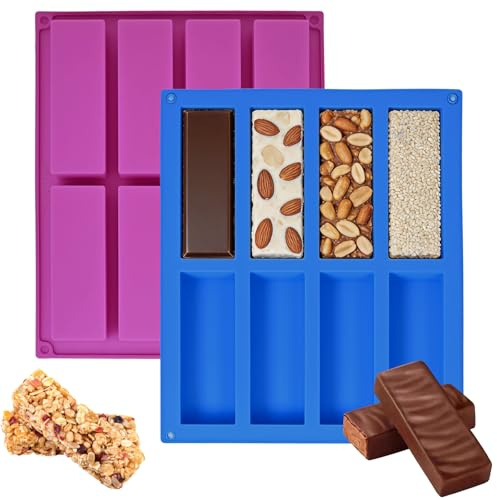 Lot de 2 Moule Silicone Barre de Céréales, Moule Financier 8 Cavités Antiadhésif, Moule Silicone Rectangulaire pour Barres Énergétiques, Chocolat, Brownies et Gâteaux (Bleu+Violet)