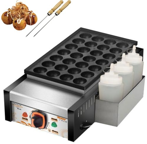 Poêle Takoyaki Commerciale 28 Trous, Gril Électrique Takoyaki avec Brochettes Et Bouteilles de Sauce, Contrôle de Température 50-300 ℃ Et Revêtement Antiadhésif, Machine À Boulettes de Poulpe Pour