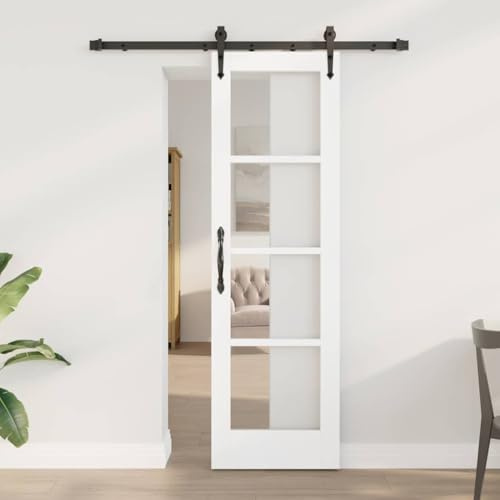 Puerta corredera ORKDAL blanca 61 x 198,5 cm madera maciza de pino y cristal con riel deslizante y topes de puerta para interiores, pasillo, entrada, deslizamiento silencioso, solución de puerta