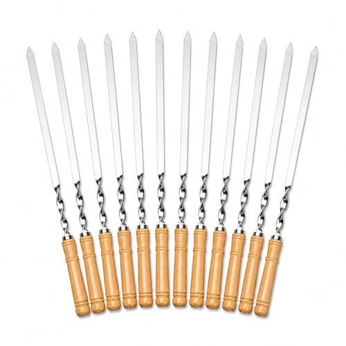 Twisted Metal BBQ Kebab Skewer Sticks 6PCS/12PCS Stainless Steel Flat Barbecue Skewers with Wooden Handle for Grilling BBQ 46cm (12)