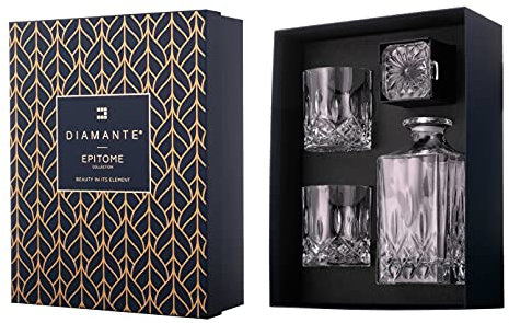 DIAMANTE Whisky Set 3 Piece “Dorchester” Collection | 1 Crystal Decanter with 2 Crystal Tumblers in a Luxury Satin Lined Gift Box