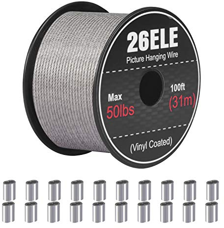 26ELE Picture Hanging Wire - 50lb Heavy Duty Stainless Steel Wire Rope for Hanging Picture Frame, Mirror & Wall Art - 100Feet with 20PCS Aluminum Crimping Sleeves