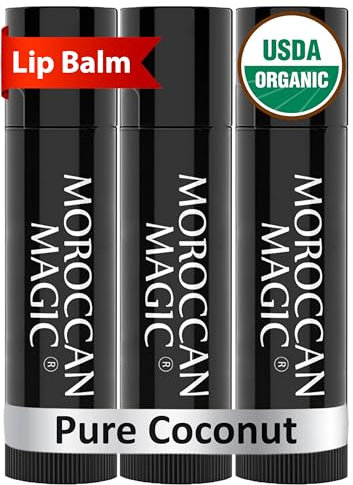 Moroccan Magic Organic Pure Coconut Lip Balm 3 Pack | Made with Natural Cold Pressed Argan and Essential Oils Lip Balm | Smooth Application | Non-Toxic, Cruelty Free