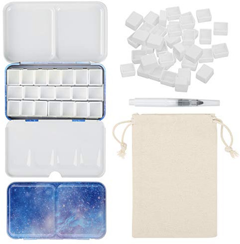 PEVART Watercolour Tin Palette, Metal Empty Paint Case with 50 PCS Empty Half Pans and a Water Colour Pen Suitable for DIY Travel Watercolor Palette (Purple, Small)