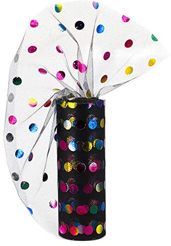 Creativery Tüll Stoff 9m x 15cm Punkte schwarz/bunt Regenbogen Rolle transparent zum Basteln von Tüllröcken und Kostümen