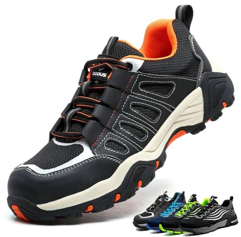 ISOOUS Zapatos de Seguridad Hombre Mujer Calzado de Trabajo Comodo Ligeros con Punta de Acero Transpirable Anti-pinchazos Negro Naranja 39
