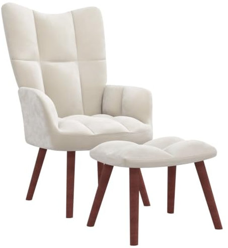 vidaXL Relaxsessel mit Hocker, Sessel mit Stahlrahmen Holzbeinen, Relaxstuhl Polsterstuhl mit Armlehne, Fernsehsessel Polstersessel Wohnzimmer, Modern, Cremeweiß Samt