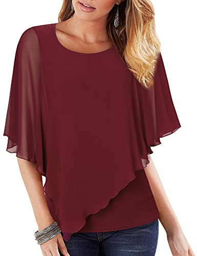 Vafoly Damen Business Tops Rot Modische Damen blusen und Tops für Die Arbeit Lässige Kurzarm Shirt für Damen Leichte Chiffon bluse Sommer Tunika Tops für Leggings Weinrot M