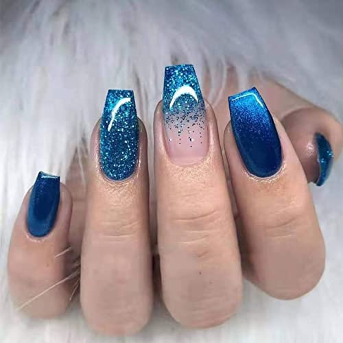 RUNRAYAY Bleu Press On Nails Paillettes Femmes Filles Nude Full Cover Conseils Salon Perfect
