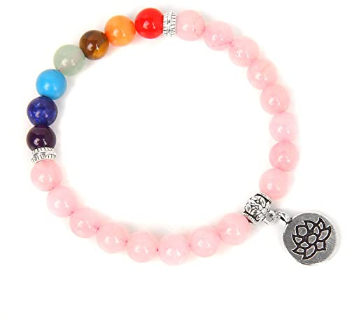 Armband Herren,7 Chakra Naturstein Rosenquarz Kristall Armband Geschnitzt Lotus Charme Stretch Perlen Angst Armband Yoga Energie Edelsteine Perlen Armreif Schmuck Für Männer Frauen Geschenk