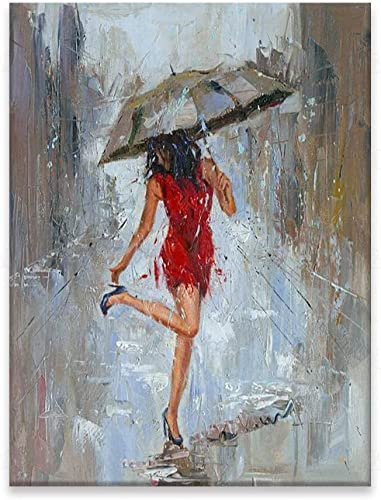 LLSL wall art leinwandbild (58x90cm-Kein Rahmen )Rotes Kleid Frau mit Regenschirm auf der Straße Leinwand Gemälde Druck Schlafzimmer Dekor Bild