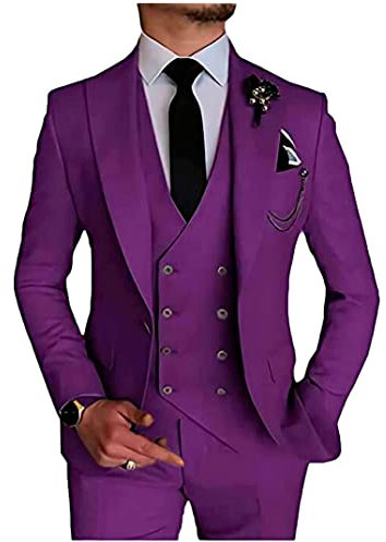 Uomo 3 PC Tacca Risvolto Affari Suit Un Pulsante Singolo Petto Abito Da Sposa Sposo Smoking Giacca Pantaloni Vest Suit, Viola, 46