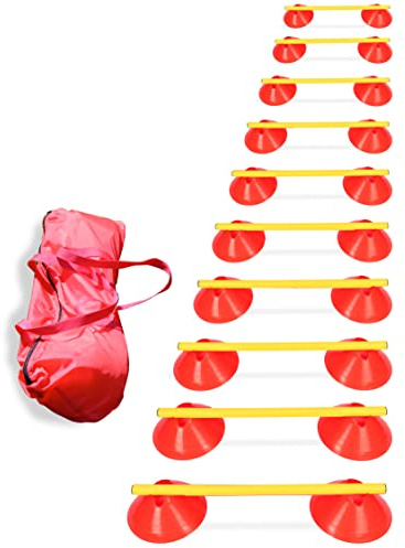 SPORTIKEL24 Cavaletti Mini-Hürden 10er Set – Markiermulden Rot & gelbe 50 cm Stangen – inkl. Tragetasche – sichere Trainingshürden für Hunde – Agility & Koordination