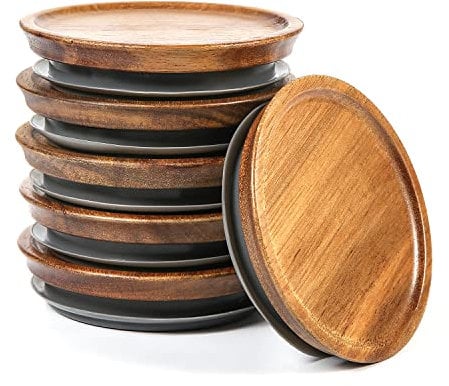 6pcs Wooden Mason Jar Lids, Wide Mouth Jar Lids Acacia Wood Mason Jar Lids with Silicone Sealing Ring for Wide Mouths Jars Airtight