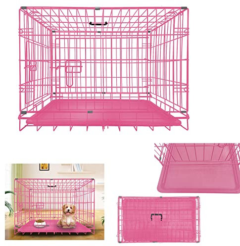 Dog Cage Crate – Pet Black Metal Folding Cage with 2 Doors with Chew Resistant Plastic Base Tray and Carrier Handle – Heavy Duty Box Perfect for Puppy Training (30 inch, Pink)
