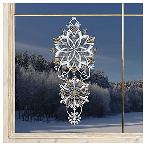 DSD Design-Studio Drechsler Winter-Fensterbild Schneeflöckchen-Weißröckchen Plauener Spitze Fensterdeko groß 33 x 15 cm