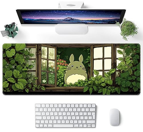 ProbTis Japanese Kawaii Mouse Pad for Desk, Green Mouse Pad, XL Anime Gaming Aesthetic Mousepad, Non-Slip Rubber Base, Cute Extended Desk Accessories for Home Office, 31.5”x11.8” (Plant)