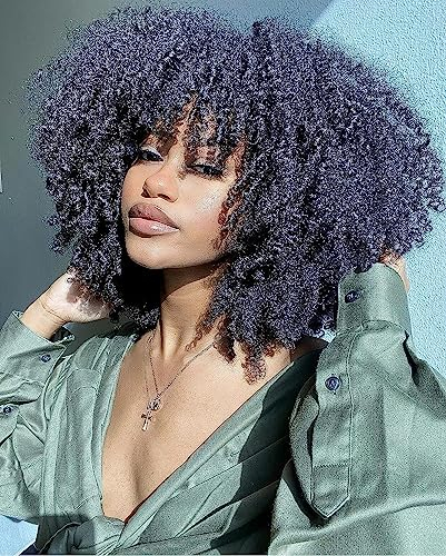 Tmbitto Afro Kinky Curly Human Hair Wig With Bang, 16 Inch, Medium Cap Size, 180% Density, Natural Black, Gelockt, Erwachsener, 1 Stück