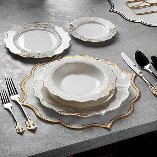 KONIGTUM KOV-MA - Set di Stoviglie di Lusso in Porcellana Bone China, 24 Pezzi per 6 Persone, Piatti Piani, Fondi, da Dessert e Piccoli