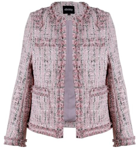 ebossy Elegante giacca da donna in tweed scozzese con frange e scollo rotondo aperto sul davanti, Rosa, X-Large
