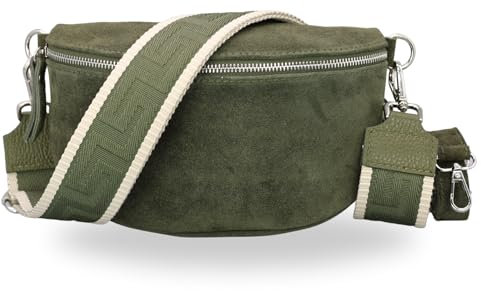 BRISE Bauchtasche Damen Echtes Wildleder SAHEL Handgemachte Umhängetasche Crossbody Bag Hüfttasche mit Ledergurt + Optionalen Breiten Gemusterten Riemen Gürteltasche Made in Italy (Khaki 3)