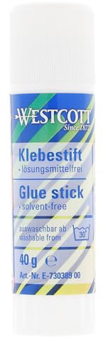 Westcott glue stick 40g | Craft glue with 2,5cm transparent adhesive strip | Strong and durable glue | 100% solvent-free | Washable at 30° | E-730389 00