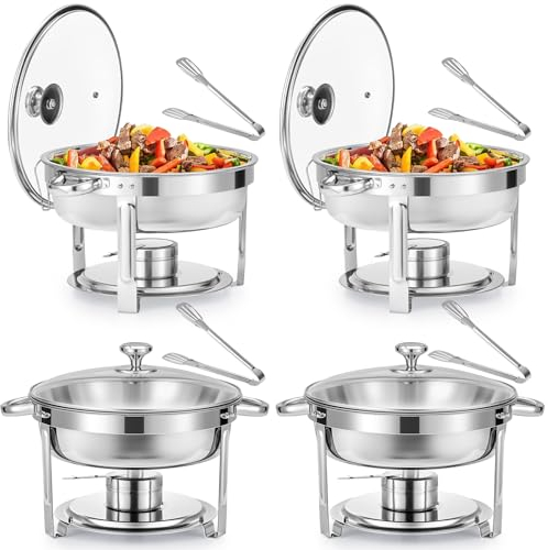 WILPREP Lot de 4 Buffets Chauffants Ronds Chafing Dish Rond 5,5L Chauffe Plat à Combustible en Acier Inoxydable Alimentaire avec Couvercle en Verre pour les Fêtes Buffets Banquets Dîners