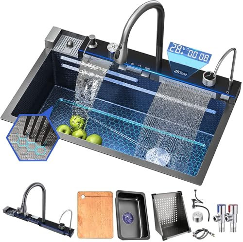Fregadero de cocina negro Fregadero multifuncional Fregadero en cascada de acero inoxidable Fregadero de cocina para estación de trabajo de un solo tazón con grifo con pantalla digital (68x45x22CM)