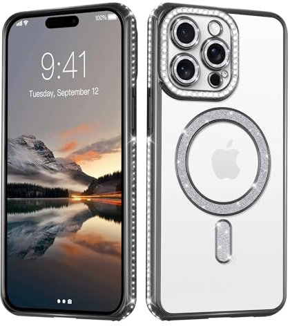 Coalbooliy Handyhülle für iPhone 11 Pro Max Hülle Glitzer 6,5 kompatibel mit Mag-Safe, Plating Magnetic Durchsichtig Silikon Cover Bling Sparkly Diamond Camera Crystal Luxury Case Mädchen, Schwarz