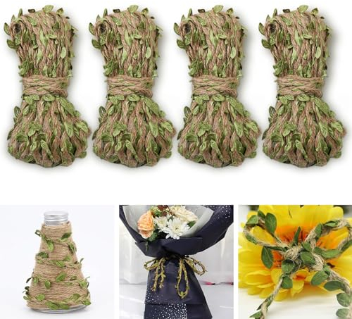 Forreen Guirlande Feuilles Artificielles, 4 Rouleaux Ficelle de Jute avec Feuilles Mini Durable Simulé Guirlande de Feuilles Corde de Jute pour Mariage/Fête/Jardin/Guirlande Artisanat DIY,40m