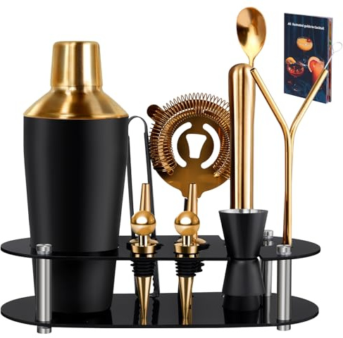 Zanfqvo 700ml Cocktail Shaker, 14-teiliges Cocktail Set mit Ständer & Cocktail Zubehör, Barkeeper Set für Anfänger und Profis, Coctail Mix Set Männer (Gold)