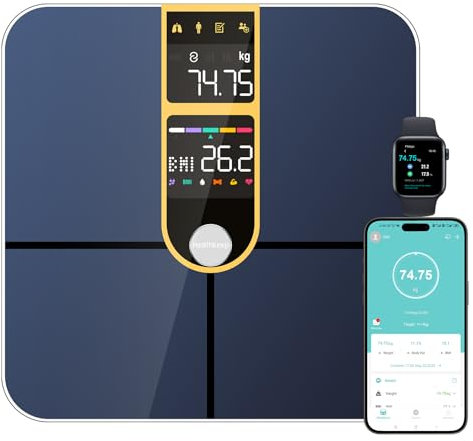 Healthkeep Personenwaage, angeschlossen, Bluetooth, mit 2 VA-Bildschirmen und ITO-Beschichtungstechnologie, 16 Körperdaten mit Herzfrequenz, App, für Android und iOS 180 kg/400 lb, goldfarben