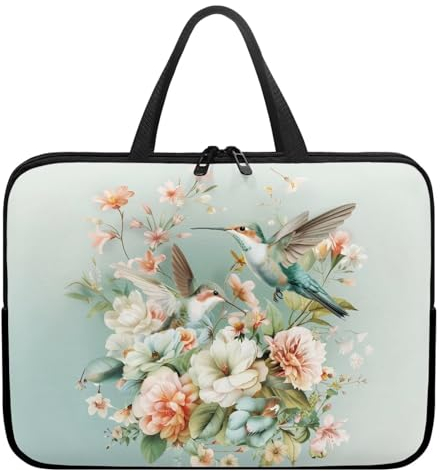 Poceacles Laptop-Schutzhülle, Neopren-Hülle, Aktentasche, Tasche mit Griff, passend für 25,4-43,2 cm Netbook/Notebook, Kolibri, Rose, Pfingstrose, Blumenmuster