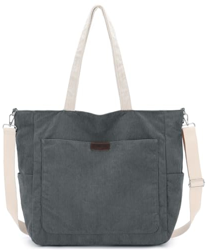 Chase Chic Cord Tasche,Groß Shopper Tasche Damen,Laptoptasche Handtasche Schultertasche mit abnehmbarem Schultergurt für Arbeit/Schule/Reisen,Grau