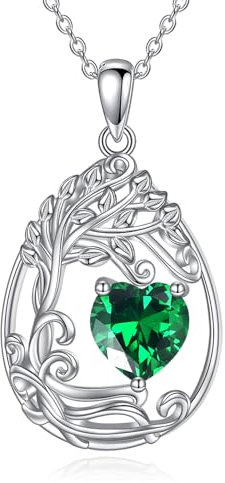 Tree of Life Birthstone Necklace for Women Sterling Silver Tree Jewellery Emerald May Pendant Green Gemstone Anniversary Birthday Christmas Gifts for Wife Mom Her (05-May-Emerald)