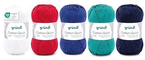 Gründl Wolle Cotton Quick uni - dünne Wolle zum Häkeln - Strickgarn - Häkelgarn - Glänzend und hautfreundlich - 100% Baumwolle - 5 Knäuel 50 g / 125 m - Nadelstärke 3-4 - Maritim-Mix