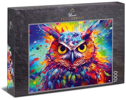 Ulmer Puzzleschmiede - 1000 Teile Eulen-Puzzle Waldkauz - Farbenfrohes Kunst-Portrait der Eule als Farbexplosion vor abstraktem Hintergrund - knalliges Vogel-Puzzle, Qualität Made in Germany
