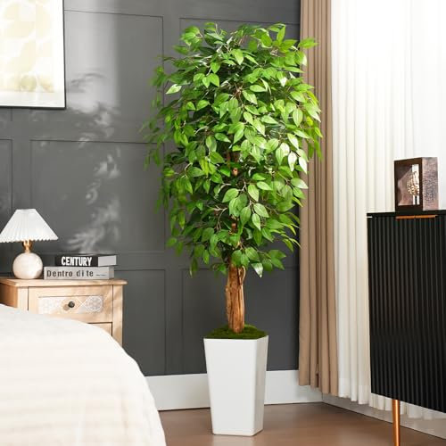 Keeplush Albero artificiale di ficus con 3 tronchi curvi naturali, 210 cm, verde realistico con fioriera bianca, albero finto alto e lussureggiante per la decorazione della casa e interni
