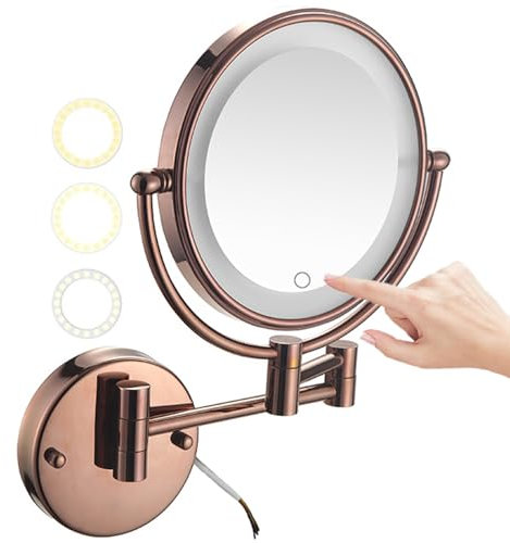 REWIS Miroir de Maquillage Mural éclairé de 8 Pouces avec Gradation Tactile et lumières à 3 Couleurs, Miroir cosmétique LED grossissant à 2 côtés câblé, Miroir de Rasage HD,Rose Gold,3X