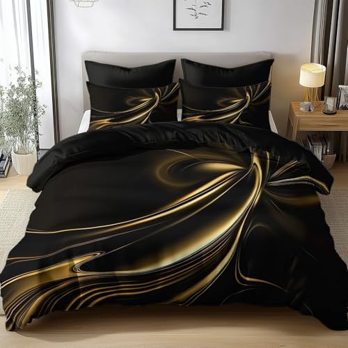 Generisch Bettwäsche 180x200cm Schwarze Und Goldene Abstrakte Textur Polyester Baumwolle Bettbezug Set, Weich Bügelfrei Bettwäsche-Sets für Kinder Junge Mädchen Zimmer Dekoration, mit Kissenbezüge