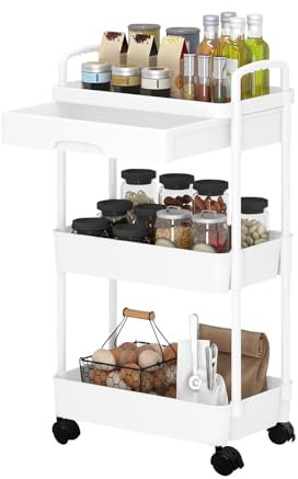 Newthinking 3 Tier Beauty Trolley with Drawer, Multifunctional Kitchen Trolley on Wheels, Plastics Storage Slide-out Cart for Kitchen Bathroom Office Living Room, White