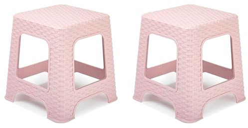 Acan Tradineur - Pack de 2 taburetes de plástico Rattan, imitación de Mimbre, banqueta Multiusos, Cocina, salón, Fabricado en España (Rosa Palo - 33 x 32,5 x 32,5 cm)