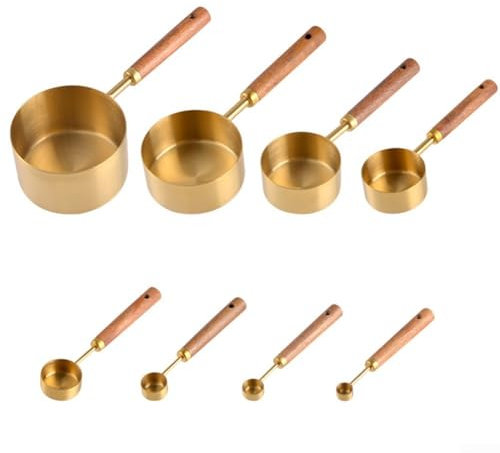 Juego de 8 tazas y cucharas medidoras de acero inoxidable dorado, herramientas para hornear con mango de madera con medidas, tazas medidoras para cocinar, hornear, suministros para hornear secos y