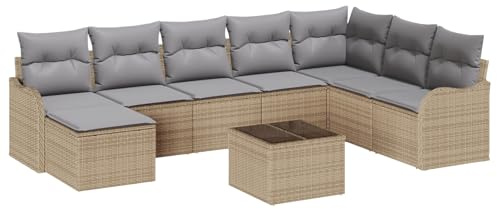 vidaXL 9-teiliges Garten-Sofa-Set mit Kissen in Beige und Hellgrau aus Poly-Rattan. Modular, verstellbar und wetterfest. Perfekt für Balkon, Terrasse und Lounge, ideal auch als Tagbett.