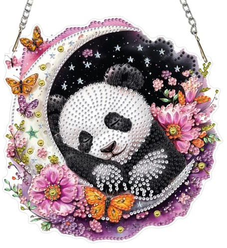 AIRDEA Niedlicher Panda Diamond Painting Fensterbilder, 5D Brillante Träumender Mond Diamond Painting Fensterbilder Beidseitig, Bausätze für Diamantmalerei Suncatcher Erwachsene