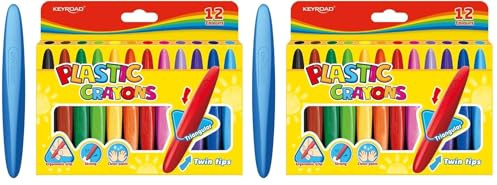 KEYROAD Wachsmalkreiden Wachsmalstifte/Twin Tips/Dreieckig - 12 Stück/Mischfarben/Komfortabel Handflächengriff Zeichenstift (Packung mit 2)